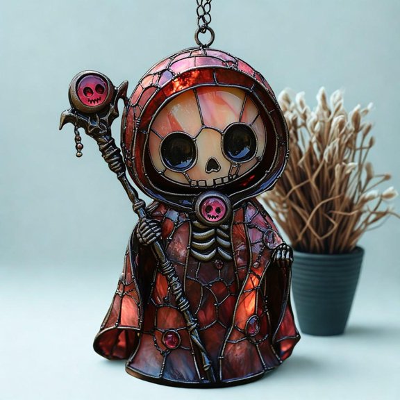 Kawaii Grim Reaper Acrylic Suncatcher, Stained Glass Style Halloween Window Decor