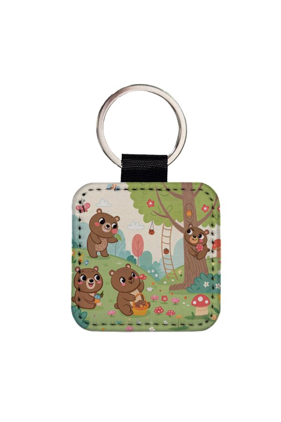 Kawaii Grizzly Bears Faux Leather Square Keychain