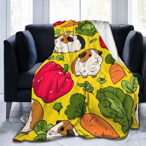 Kawaii Guinea Pig Veggies Blanket, Cute Carrot & Pepper Pattern, Soft Flannel Fleece, Fun Pet Lover Gift 50x40