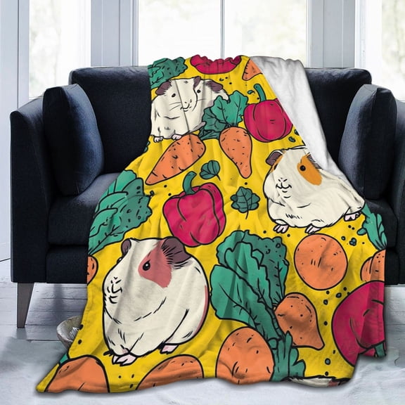 Kawaii Guinea Pig Veggies Blanket, Cute Carrot & Pepper Pattern, Soft Flannel Fleece, Fun Pet Lover Gift 50x40