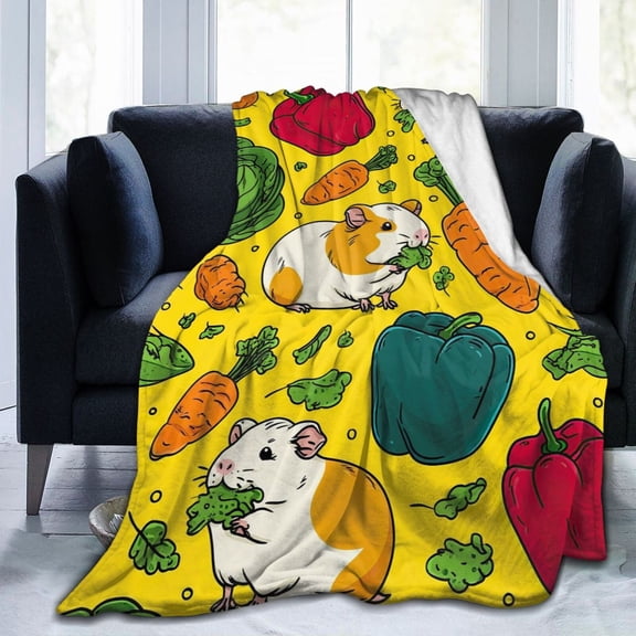Kawaii Guinea Pig Veggies Blanket, Cute Carrot & Pepper Pattern, Soft Flannel Fleece, Fun Pet Lover Gift 50x40