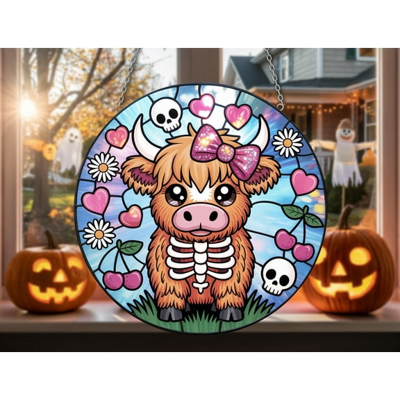 Kawaii Halloween Bovine Decor ,Pastel Goth Window Hanging with Flowers & Skull, Cute Cow Skeleton Stained Glass Suncatcher
