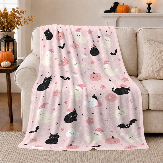 Kawaii Halloween Cats Pumpkins Ghosts Pastel, Playful Festive Scene, Warm Flannel Blanket for Living Room and Bedroom, Cat Lovers Halloween Gift, Festive Home Decor