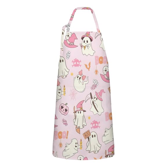 Kawaii Halloween Ghost Apron-Garden Aprons for Women with Pockets-Cotton Linen Waterproof Kitchen Cooking Gardening Aprons Adjustable for Kitchen,Cooking,BBQ and Salon 32"x27"