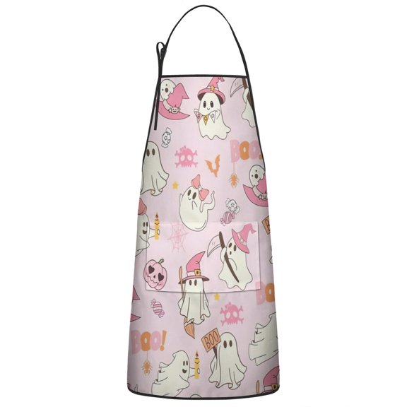 Kawaii Halloween Ghost Pattern Apron-Garden Aprons for Women with Pockets-Cotton Linen Waterproof Kitchen Cooking Gardening Aprons Adjustable for Kitchen,Cooking,BBQ and Salon 33"x27"