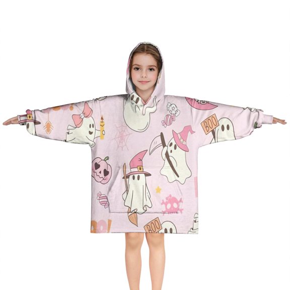 Kawaii Halloween Ghost Pattern Blanket Hoodies for Kids 6-13YR Oversize Wearable Blanket Hoodies for Boys Girls Teens