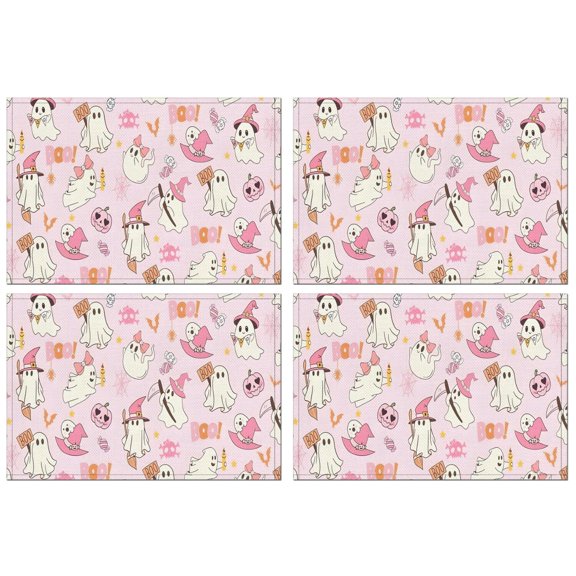 Kawaii Halloween Ghost Pattern Summer Placemats Table Placemats Set Of 4-Linen Kitchen Washable Placemats Table Mats 11.8"x17.7" Non-Slip Heat Resistant