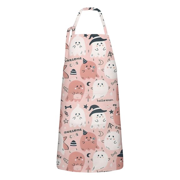Kawaii Halloween Ghosts Apron-Garden Aprons for Women with Pockets-Cotton Linen Waterproof Kitchen Cooking Gardening Aprons Adjustable for Kitchen,Cooking,BBQ and Salon 32"x27"