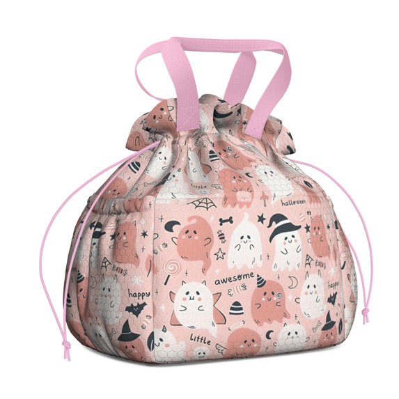 Kawaii Halloween Ghosts Pattern Drawstring Lunch Bag Women - Drawstring Lunch Bag Insulated for Work Office - Stain-Resistant Large Lunchbags for Women with Multi-Pockets