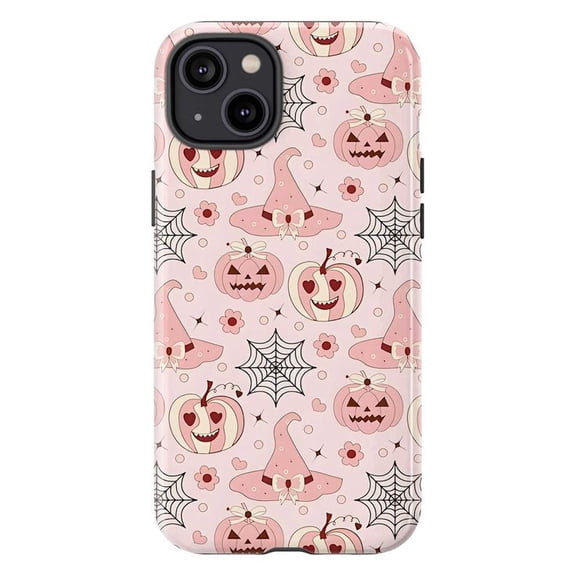 Kawaii Halloween Phone Case, Pastel Pink Pumpkin Witch Hat Spider Web Cute Aesthetic Cover for iPhone 16 15 14 13 12 11 Pro Max Plus Mini