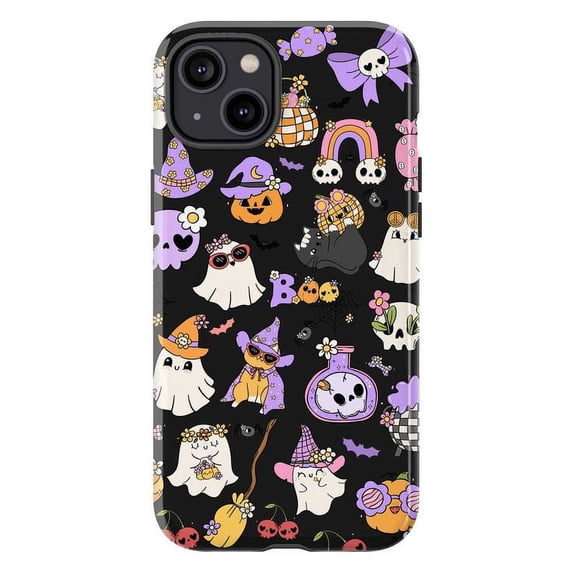 Kawaii Halloween Phone Case for iPhone 16 15 14 13 12 11 Pro Max, Mini & Plus – Pastel Ghosts, Cats, Pumpkins & Cute Spooky Vibes (Black)