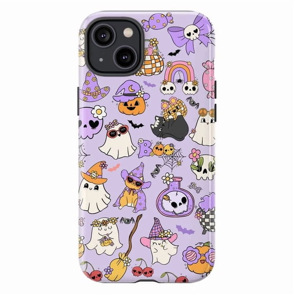 Kawaii Halloween Phone Case for iPhone 16 15 14 13 12 11 Pro Max, Mini & Plus – Pastel Ghosts, Cats, Pumpkins & Cute Spooky Vibes (Purple)