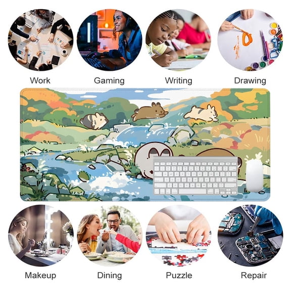 Kawaii Hamster and Rabbit Nature Scene Mouse Pad 31.5 x 11.82 Inches Rubber Desk Mat for Office and Gaming