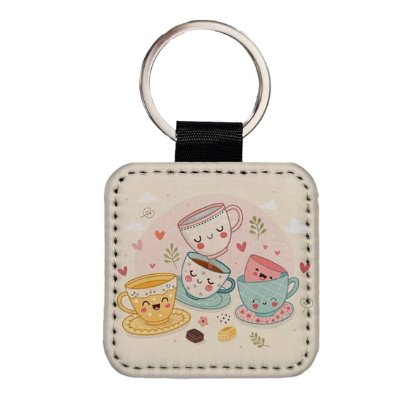 Kawaii Happy Tea Cups Faux Leather Square Keychain