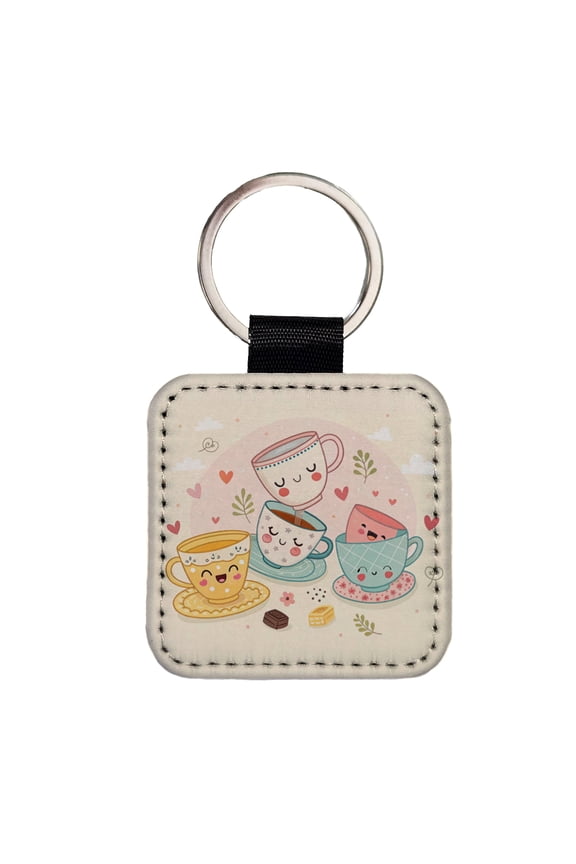 Kawaii Happy Tea Cups Faux Leather Square Keychain