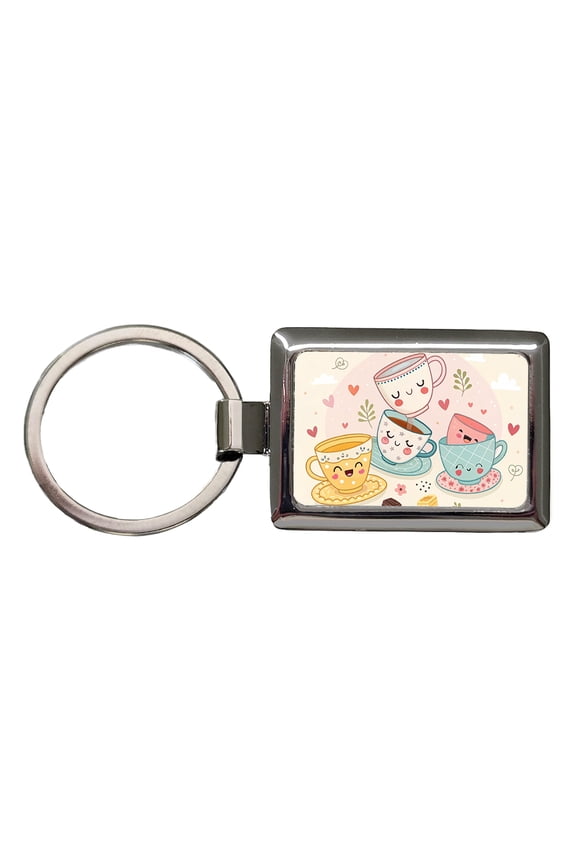 Kawaii Happy Tea Cups Metal Rectangle Keychain