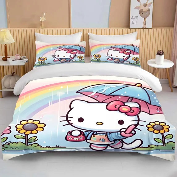 Kawaii Hello Kitties Duvet Cover Set,Cozy Bedding Set Decoration Include 1Kawaii Hello Kitties Quilt Cover + 2 Pillow Cases