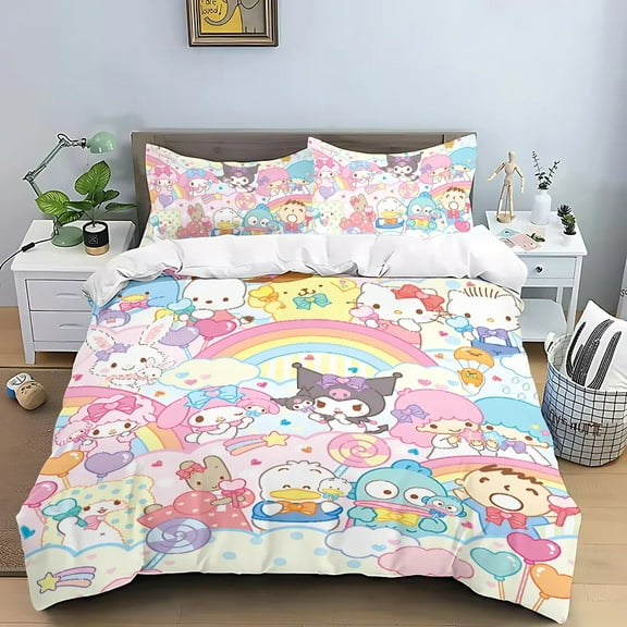 Kawaii Hello Kitties Duvet Cover Set,Cozy Kawaii Hello Kitties Bedding Set Decoration Include 1 Quilt Cover + 2 Pillow Cases