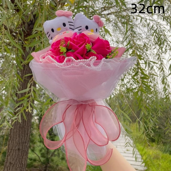 Kawaii Hello Kitty Cat Plush Dolls Rose Soap Flowers Bouquet Christmas Valentine's Day Birthday Graduation Gifts wIthout led 10