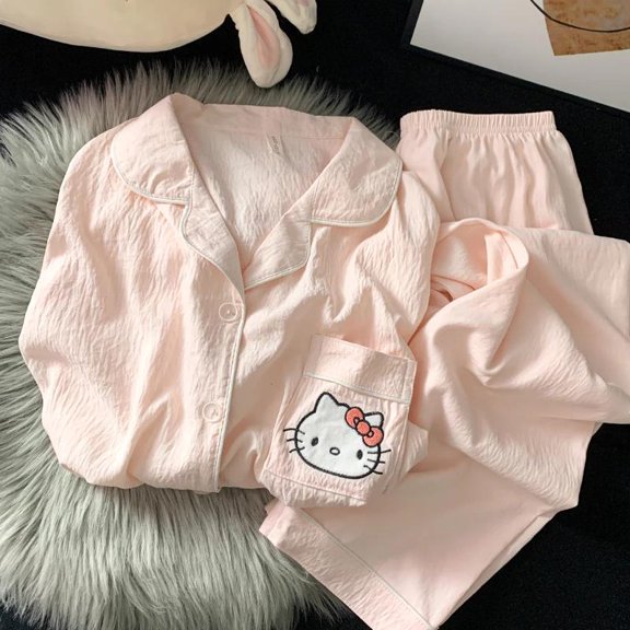 Kawaii Hello Kitty Cute Pajamas Hot Spring And Autumn Long Sleeves Trousers Nightgown Home Clothes Kuromi Sleepwear