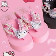 Kawaii Hello Kitty Girls Flip Flops Anime Summer Y2K Harajuku Diamonds High Heels Sandals Fashion Ladies Platform Slippers Shoes