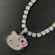 CARTOONSTORE Kawaii Hello Kitty Necklace Anime Sanrio Diamond Pendant Cuban Chain Hip Hop Fashion Men's and Women's Jewelry Holiday Gifts