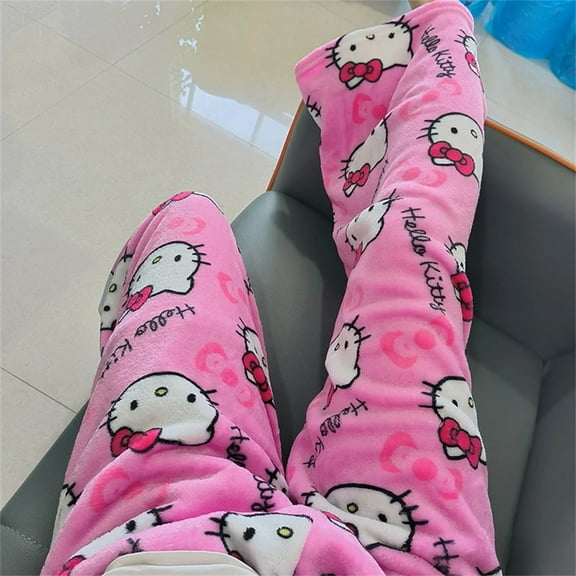 Kawaii Hello Kitty Pajama Pants Sanrio Anime Y2k Cartoon Coral Fleece Soft Trousers Women Home Trousers Christmas Festival Gifts