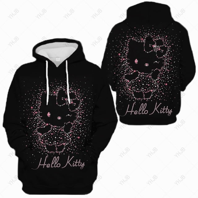 Kawaii Hello Kitty Print Funny Cartoon Hoodies Women Cute Black White ...