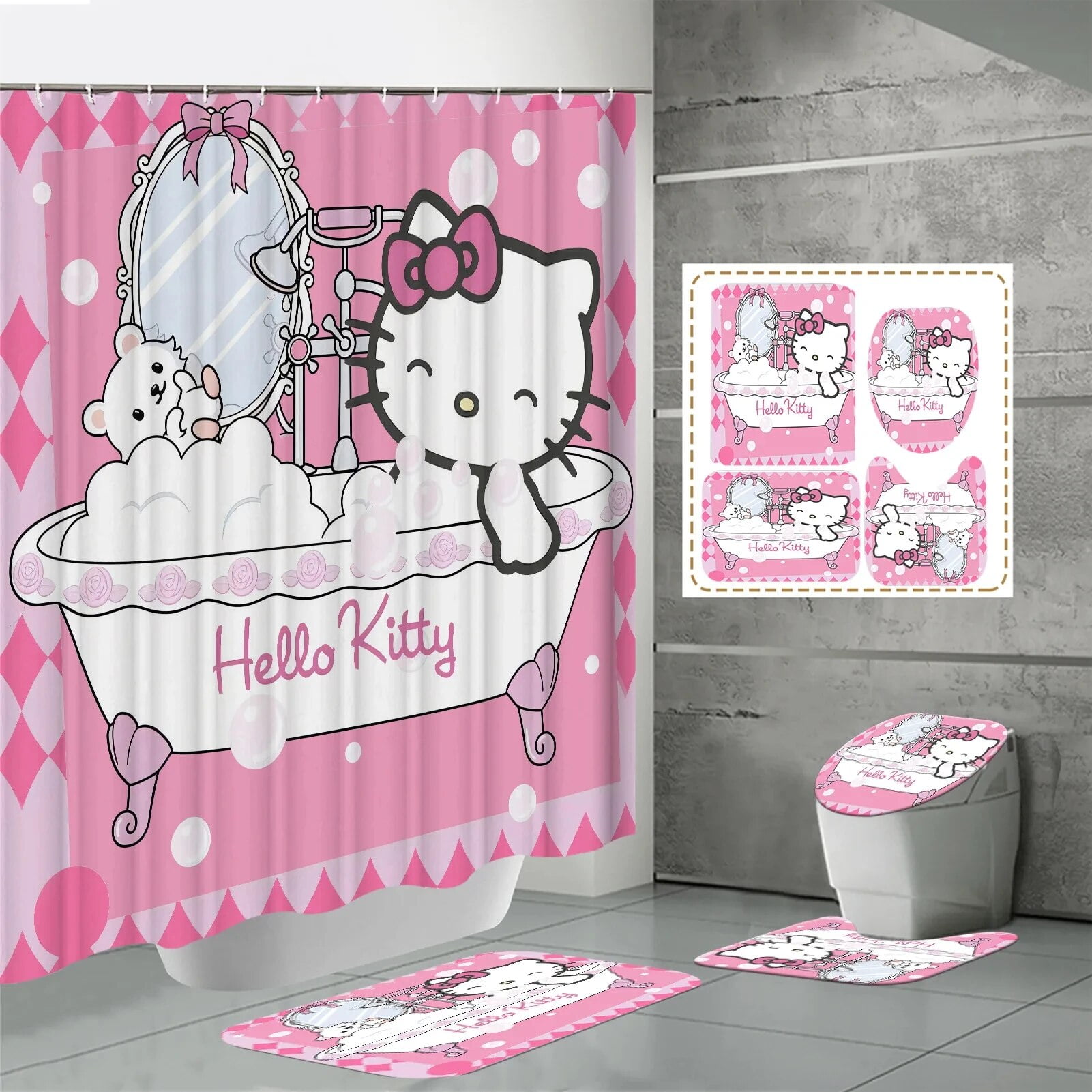 Kawaii Hello Kitty Shower Curtain Four Piece Set Sanrio Anime Kit