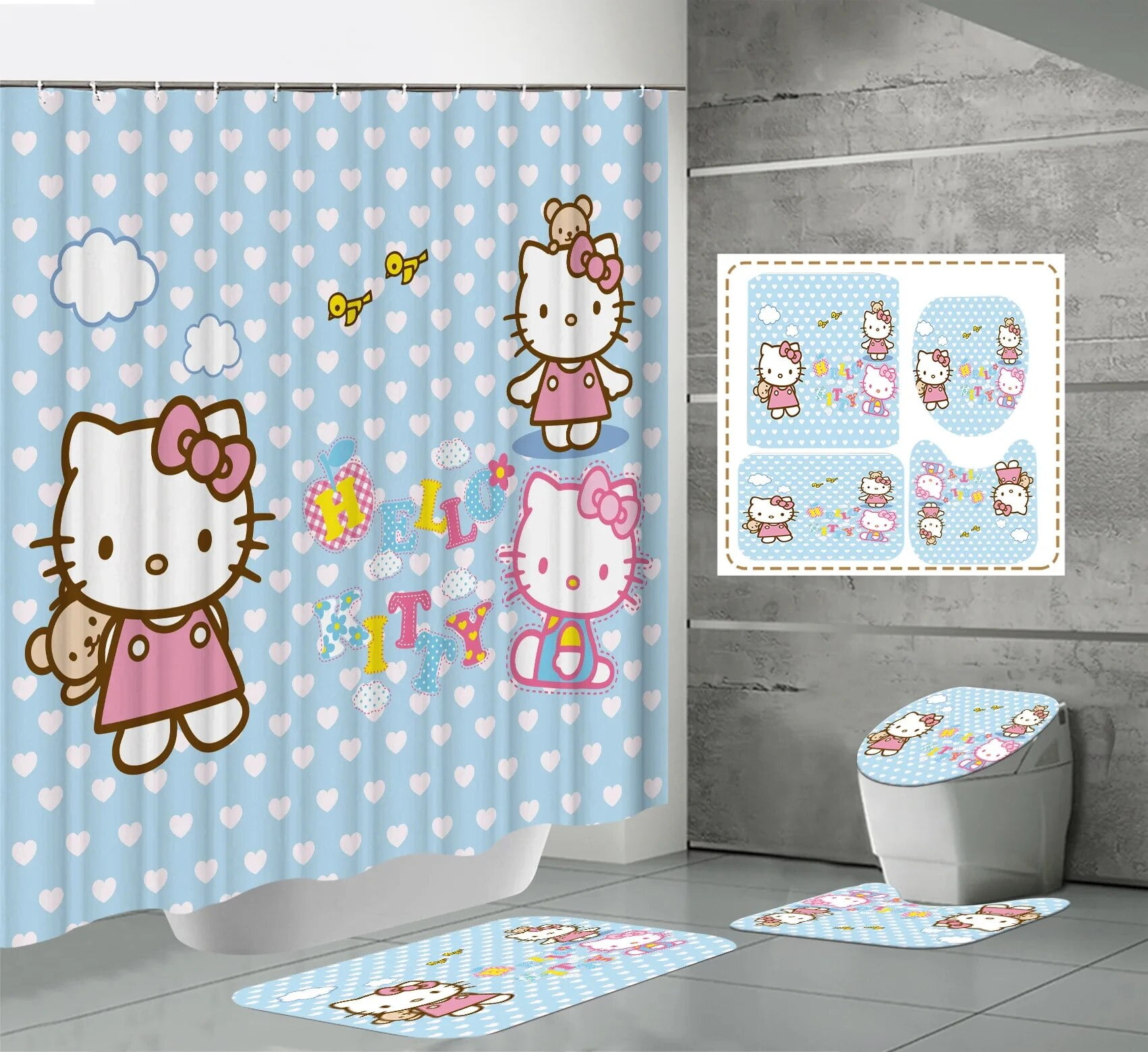 Kawaii Hello Kitty Shower Curtain Four Piece Set Sanrio Anime Kit ...