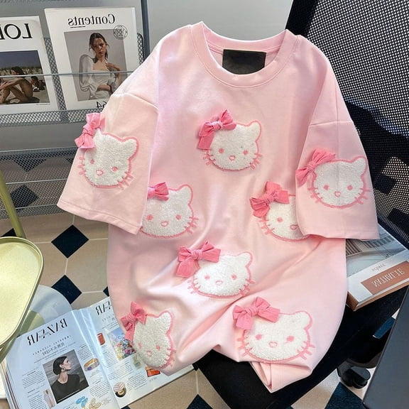 Kawaii Hello Kitty T-Shirt Summer Short Sleeve for Women Sanrio Sweet Loose Bow Embroidery Tops