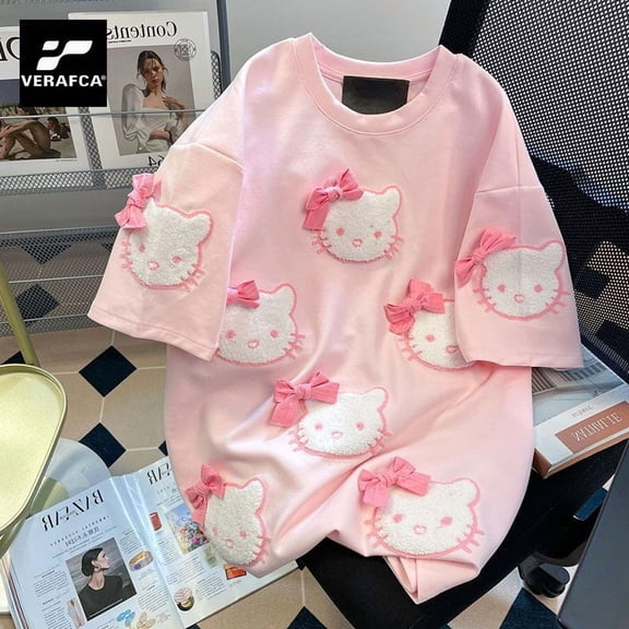Kawaii Hello Kittys T-Shirt Summer Short Sleeve Sweet Loose Bow Embroidery Tops Hot Style Clothes