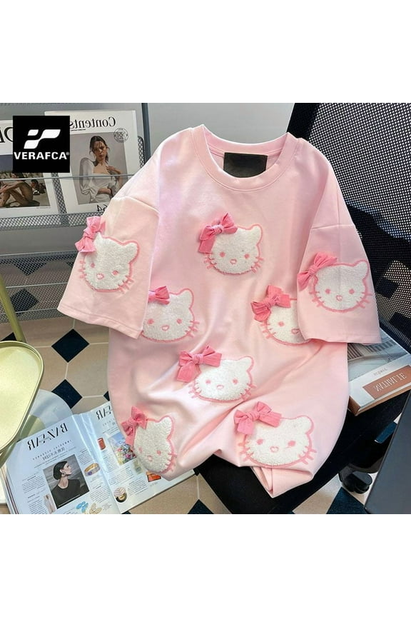 Kawaii Hello Kittys T-Shirt Summer Short Sleeve Sweet Loose Bow Embroidery Tops Hot Style Clothes