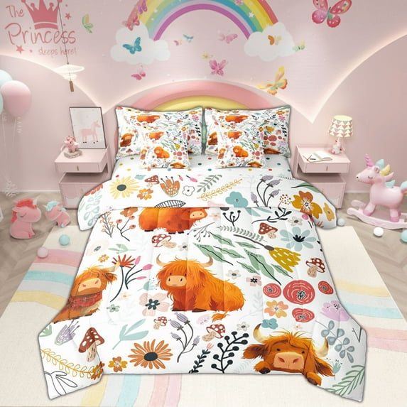 Kawaii Highland Cow Comforter Set 7 Piece Bed in a Bag Twin,Mushroom Floral Cartoon Animal Bedding Sets Watercolor Flowers Leaves Sheet Set with Comforter