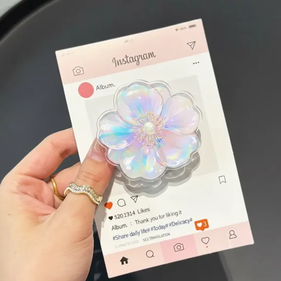 Kawaii Holographic Flower Phone Grip, Iridescent Petals Illustration Griptok, Floral MagSafe Holder, Unique Gift for Hardcore Readers, Pastel Art