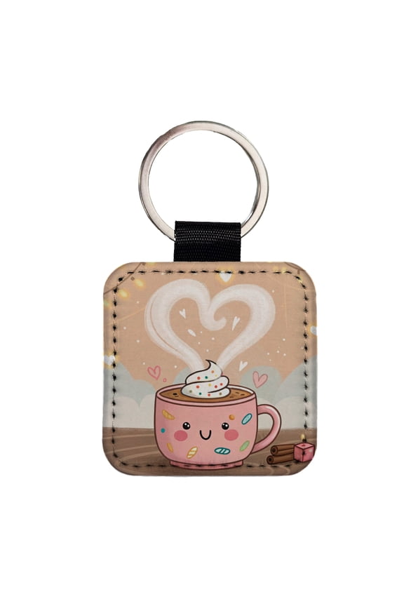 Kawaii Hot Cocoa Chocolate Faux Leather Square Keychain