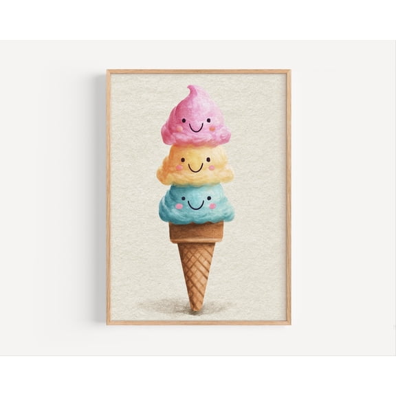 Kawaii Ice Cream Cone Art Poster | Smiling Dessert, Summer Kitchen, Unframed Poster Size 24x36