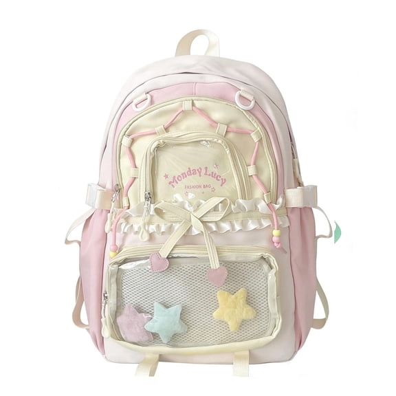 Kawaii Ita Backpack, Cute Coquette Y2K Aesthetic Daypack, Clear Display Pockets for Collectible Pins, Casual School Travel Backpack