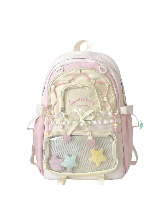 Kawaii Ita Backpack, Cute Coquette Y2K Aesthetic Daypack, Clear Display Pockets for Collectible Pins, Casual School Travel Backpack
