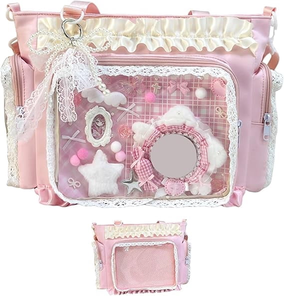 Kawaii Ita Bag with Clear Display Windows - Japanese Lace Ruffle Nylon Messenger Bag, Adjustable Strap, Y2K Cute Handbag for Pins, Badges & Accessories(XX-Pink)