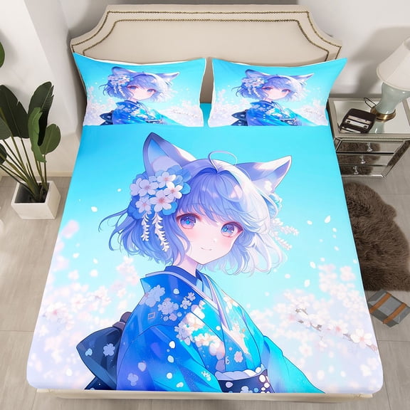 Kawaii Japanese Fitted Sheet Twin, Anime Bedding Set in Kimono Japanese Style Bed Sheets for Room Aesthetic Cool Anime Modern Art Sheets for Guys Bedroom Kawaii Anime, No Flat Sheet