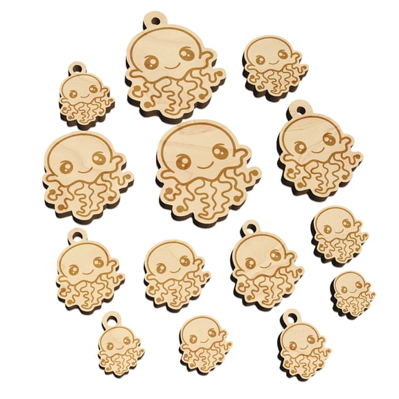 Kawaii Jellyfish Wood Mini Charms Shapes DIY Craft Jewelry - With Hole - Various Sizes (16pcs)