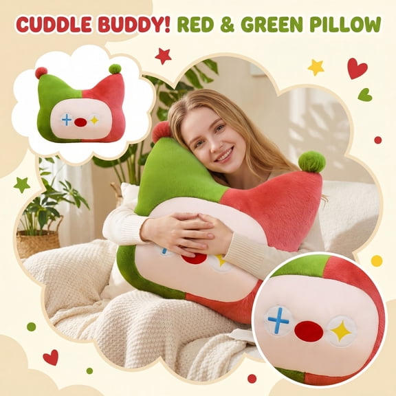 Kawaii Jester Shaped Pillow, 15.75 Inch Plush Decorative Cushion With Pom Pom Details, Ideal For Sofa, Bed, And Living Room Accents