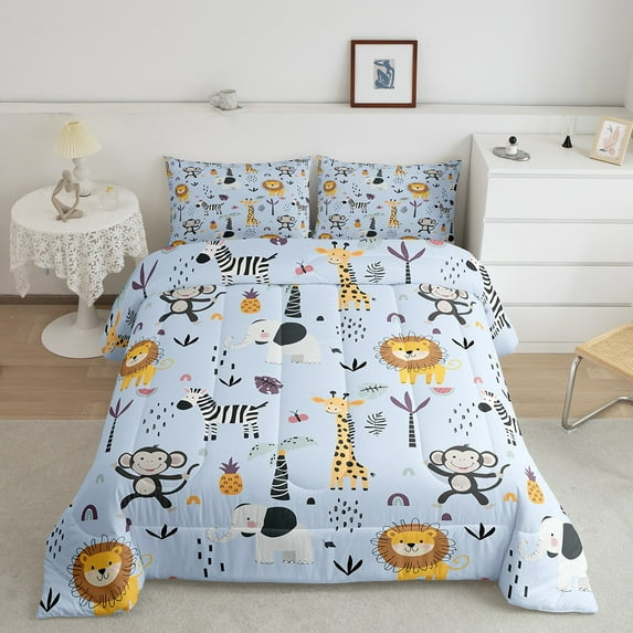 Kawaii Jungle Animals Twin Bedding Sets Teens Bedroom Decor, Cute Wild Animal Comforter Set, Cartoon Monkey Lion Giraffe Pattern Down Comforter, Lightweight Soft, 1 Pillow Sham