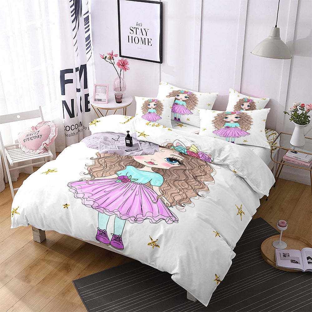 Kawaii Kids Sheets Queen Size,Cartoon Cute Girl Printed Bedroom Decor Sheet Set Soft and