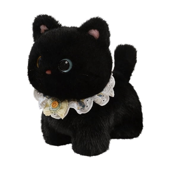 Kawaii Kitten Stuffed Animals, Adorable Cat Plush Toy with Lace Ruffle Collar Plushies, Fluffy Standing Kitty Doll, Home Decor & Birthday Gift for Kids Black