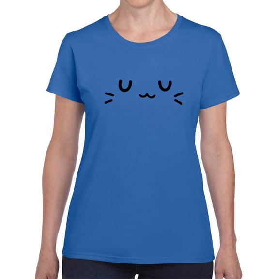 Kawaii Kitty Cat Text Face Emoticon Graphic Women Royal Blue T-Shirt, Female XX-Large