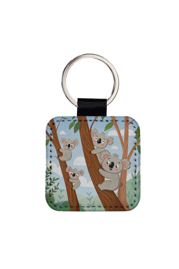 Kawaii Koala Bears Climbing Trees Faux Leather Square Keychain