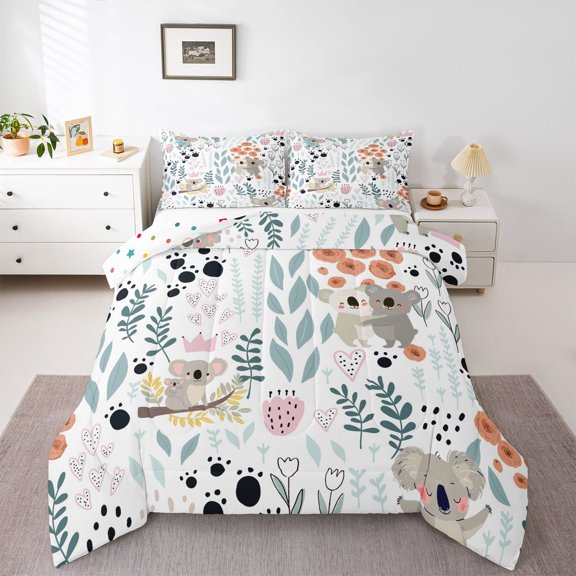 Kawaii Koala Bedding Set,Cartoon Koala Comforter Set Twin,Cute Love Heart Leaf Flower Comforter Set ,Paw Print Animals Quilt Duvet Insert with 1 Pillow Case
