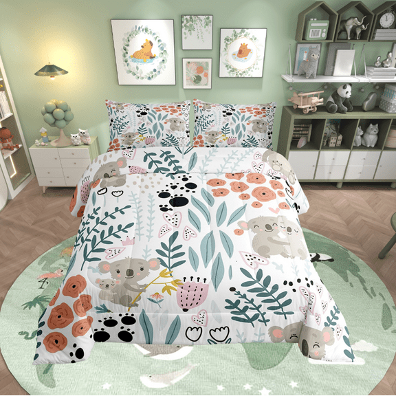 Kawaii Koala Bedding Set,Cartoon Koala Comforter Set Twin,Cute Love Heart Leaf Flower Comforter Set ,Paw Print Animals Quilt Duvet Insert with 1 Pillow Case